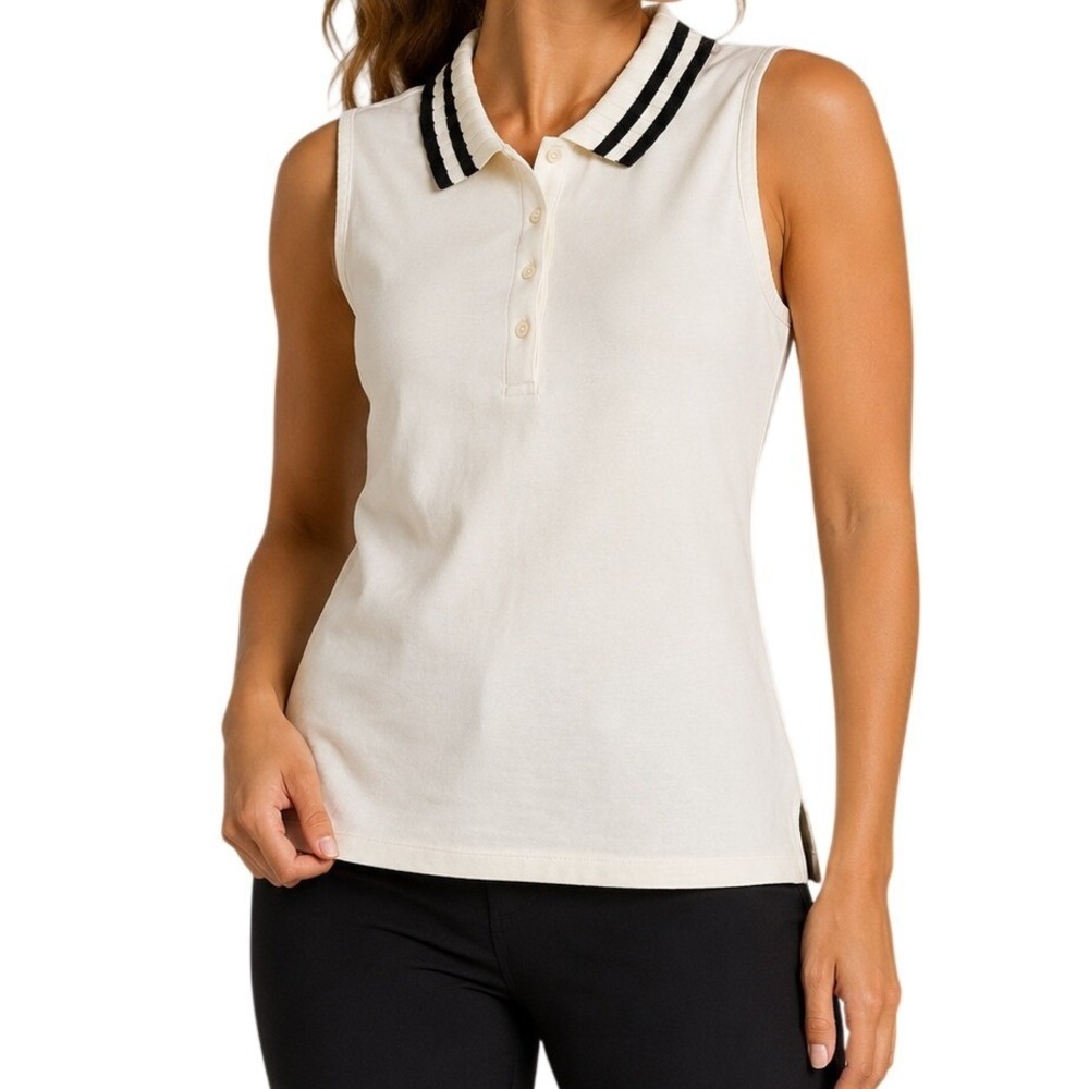 Tory Sport Sleeveless Polo Shirt White Striped Ribbed Collar Women's Small